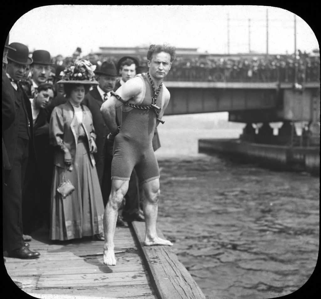 A portrait of Harry Houdini, the legendary escape artist and magician.